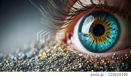 A close up of an eye with colorful iris and glitter around. Vision and beauty concept for ophthalmology, fashion, and creativity. 128828390