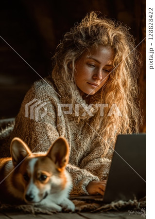 Young freelancer in a sweater typing on laptop, corgi lying beside them on wooden floor, golden fall light from window 128828422