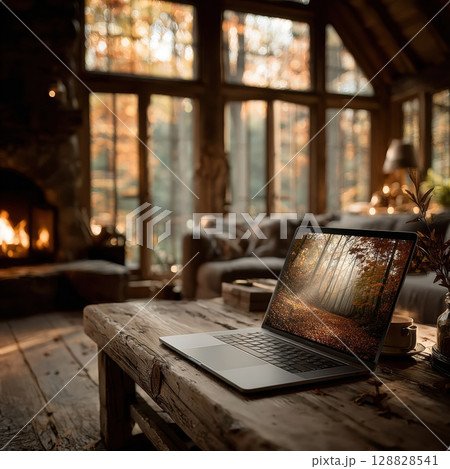 Cozy cabin interior with laptop on rustic wooden table, surrounded by autumn decor and warm fireplace glow 128828541