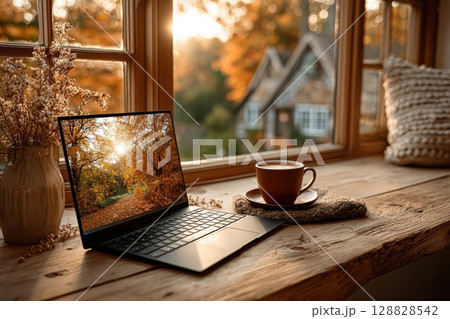 Laptop on wooden desk in cozy autumn home with window and coffee Laptop on wooden desk in cozy autumn home with window and coffee 128828542