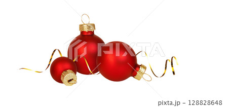 Red Christmas balls in different sizes with festive goldan ribbon isolated on white background Red Christmas balls in different sizes with festive goldan ribbon isolated on white background 128828648