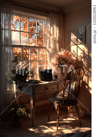 Cozy workspace with wooden desk and chair is bathed in warm sunlight from large window, showcasing vibrant fall leaves outside 128828661