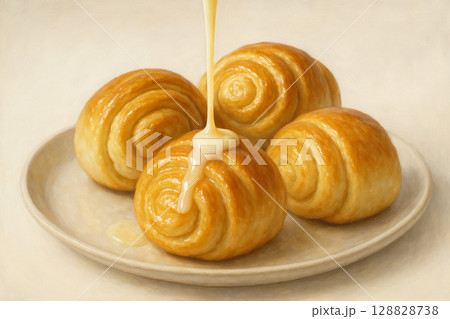 Oil Painting of Condensed Milk Drizzling onto Fried Chinese Flower Buns 128828738