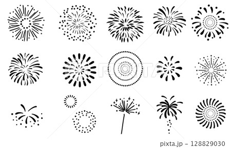 白黒のシンプルな花火の線画セット 128829030