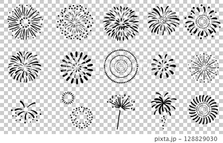 白黒のシンプルな花火の線画セット 128829030