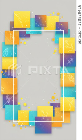 Abstract colorful geometric shapes with foliage on a muted background. Minimalist design template with frame for spring or summer. 128829416