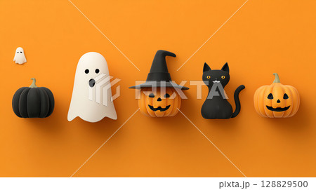 かわいいオバケとカボチャと黒猫のハロウィンイラスト背景素材 128829500