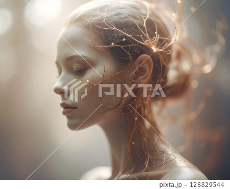 光輝く抽象的な女性の横顔 光輝く抽象的な女性の横顔 128829544