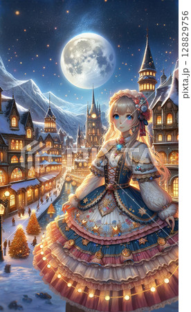 満月が輝く雪の夜に佇む幻想的なドレス姿のアニメ風の若い女性 満月が輝く雪の夜に佇む幻想的なドレス姿のアニメ風の若い女性 128829756