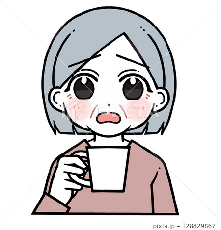 コップを持つ困り顔の老人女性のイラスト 128829867