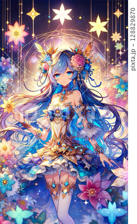 星空と花に包まれた幻想的なアニメ風の美少女 128829870