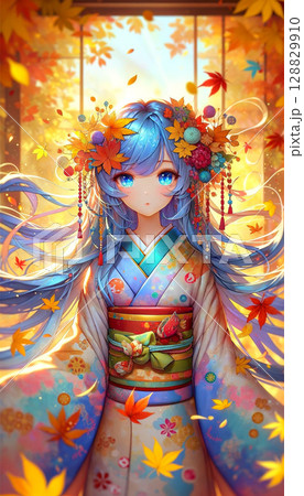 紅葉に包まれた着物姿の美しい若い女性 128829910