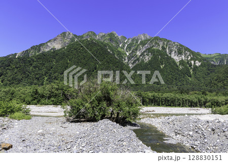 穂高連峰の雄大な山と河原に広がる夏の上高地風景 128830151