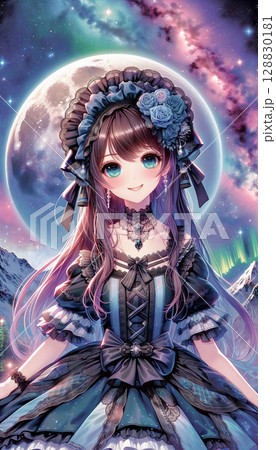 満月とオーロラと星が輝く夜空を背景に笑顔の若い女性のイラスト 128830181
