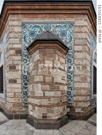 Konak Mosque, or Konak Camii. Architectural detail featuring mosque's mihrab with traditional Iznik tiles, Izmir, Turkey Konak Mosque, or Konak Camii. Architectural detail featuring mosque's mihrab with traditional Iznik tiles, Izmir, Turkey 128830191