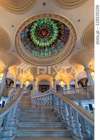 Jame Asr Hassanil Bolkiah Mosque Interior, Grand Staircase and Stained Glass Dome, Bandar Seri Begawan, Brunei 128830206