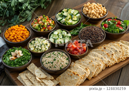 Assortment of healthy vegetarian salads in bowls for a clean eating concept 128830259