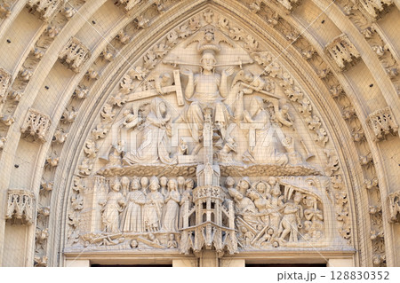 The tympanum shows the Last Judgment, portal of the Marienkapelle in Wurzburg, Bavaria, Germany The tympanum shows the Last Judgment, portal of the Marienkapelle in Wurzburg, Bavaria, Germany 128830352