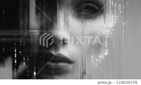 Abstract Digital Portrait Depicting Futurism and Data Visuals in Monochrome 128830376