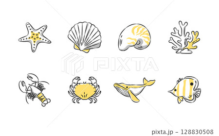 Summer and beach hand drawn icon collection. Set 3 of 3. Vector illustration. 128830508