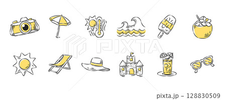 Summer and beach hand drawn icon collection. Set 1 of 3. Vector illustration. Summer and beach hand drawn icon collection. Set 1 of 3. Vector illustration. 128830509