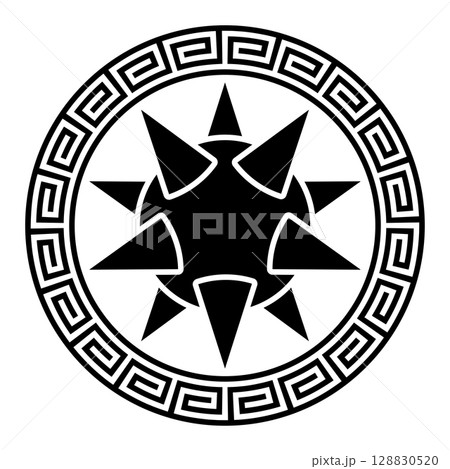 Spiked ball in a circular border with meander pattern. Morning star like figure, a medieval weapon, safely enclosed from circle frame with Greek key pattern. Crop circle pattern found 2025 in Bavaria. 128830520