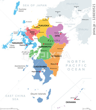 Kyushu region of Japan, multi colored political map. Third-largest island of Japan, consisting of the seven prefectures Fukuoka, Kumamoto, Nagasaki, Oita, Saga, Kagoshima, Miyazaki, and Okinawa. Kyushu region of Japan, multi colored political map. Third-largest island of Japan, consisting of the seven prefectures Fukuoka, Kumamoto, Nagasaki, Oita, Saga, Kagoshima, Miyazaki, and Okinawa. 128830521