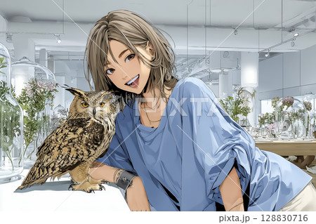 フクロウカフェ　梟と戯れる女性のイラスト素材　寄り添う 128830716