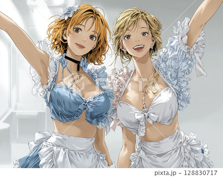 メイドカフェ　大きく手を振る女性のイラスト素材 128830717