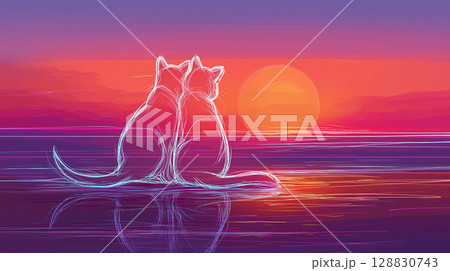 ロマンチックなサンセット、抽象的な猫のシルエット 128830743