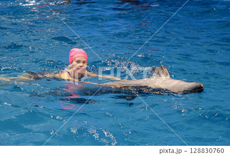 Woman swims alongside dolphin in clear blue water during marine interaction session at aquatic facility Woman swims alongside dolphin in clear blue water during marine interaction session at aquatic facility 128830760