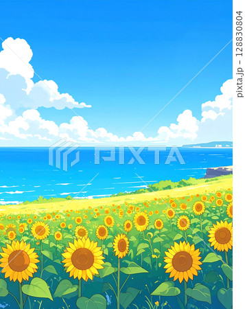 向日葵　海　青空 128830804