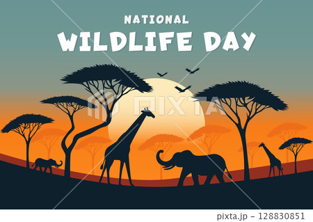 Wildlife Day Flat Poster with African Animal Silhouettes and Sunset. Wildlife Day Flat Poster with African Animal Silhouettes and Sunset. 128830851