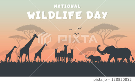 National Wildlife Day Poster with Animal Silhouettes in Savannah Vector Illustration. 128830853