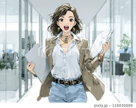 タブレットと資料を持って廊下を歩く女性のイラスト素材 128830889