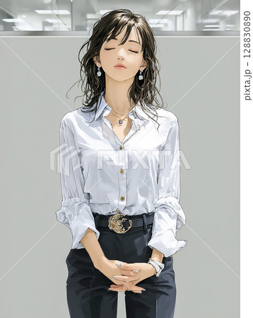 目を閉じて深呼吸をするビジネスウーマンのイラスト素材 128830890