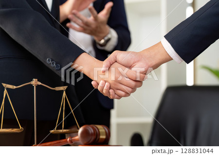 Legal Collaboration. Professionals discussing case strategy with handshake in law office. 128831044