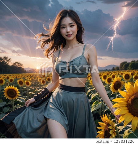 ひまわり畑を散歩する女性 ひまわり畑を散歩する女性 128831220