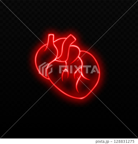 Neon red anatomical heart glowing with bright energy in dark space 128831275