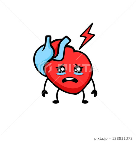 Heart character with sad expression and shock icon indicates emotional vulnerability 128831372