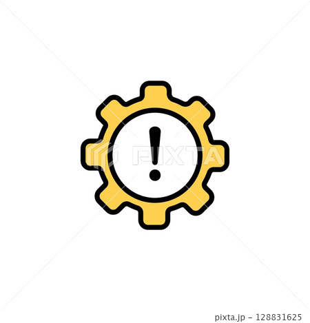 Icon of yellow gear with exclamation mark sign for alert or caution representation 128831625