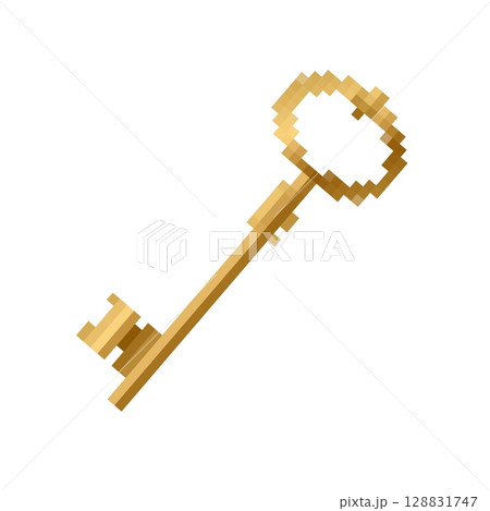 Mosaic pixel 8 bit golden key icon in retro gaming style with a vintage feel Mosaic pixel 8 bit golden key icon in retro gaming style with a vintage feel 128831747
