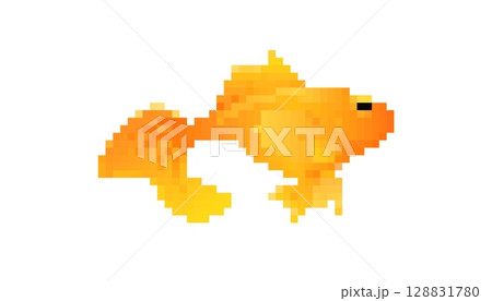 Mosaic pixel art goldfish icon in bright retro 8 bit style design for creative projects 128831780