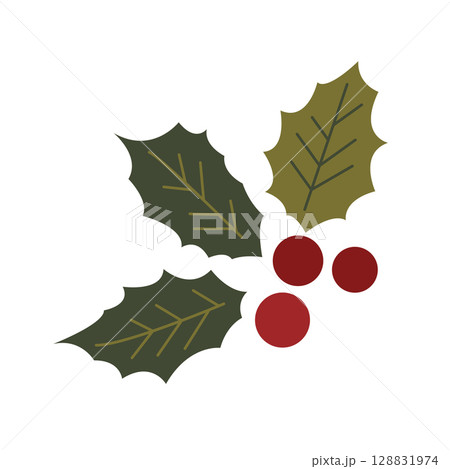 Holly berries with green leaves (Ilex aquifolium). Red winter berry, symbol of Christmas and New Year decor. Stylized flat vector illustration. European Christmas berry for seasonal autumn and winter 128831974