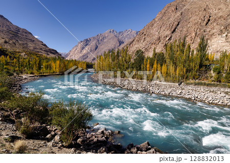 The autumn scenery with Hindu Kush mountain range in the background is very beautiful, Gahkuch,northern Pakistan. 128832013