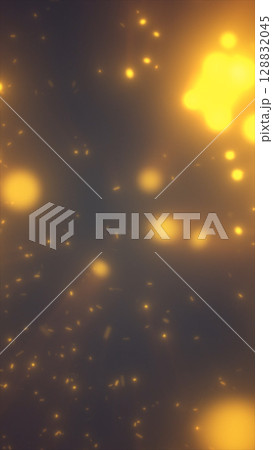 Abstract glowing orange particles dispersed in a dark space, creating a sense of cosmic depth and energy 128832045
