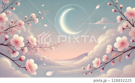 薄紅の桜が舞う雲海の上に細い三日月が浮かぶ、穏やかで幻想的な春の夜の風景 128832225
