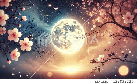 夜空に輝く満月と舞い散る桜が織りなす、幻想的で心癒される春の宵のファンタジー風景 夜空に輝く満月と舞い散る桜が織りなす、幻想的で心癒される春の宵のファンタジー風景 128832229
