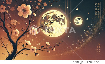 満開の桜と輝く満月が幻想的に調和する、金色に染まる春夜のロマンチックな和風風景 満開の桜と輝く満月が幻想的に調和する、金色に染まる春夜のロマンチックな和風風景 128832230