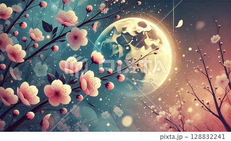 輝く満月と幻想的な光に包まれた桜の花と蕾が彩る美しい春の夜のファンタジーイラスト 128832241